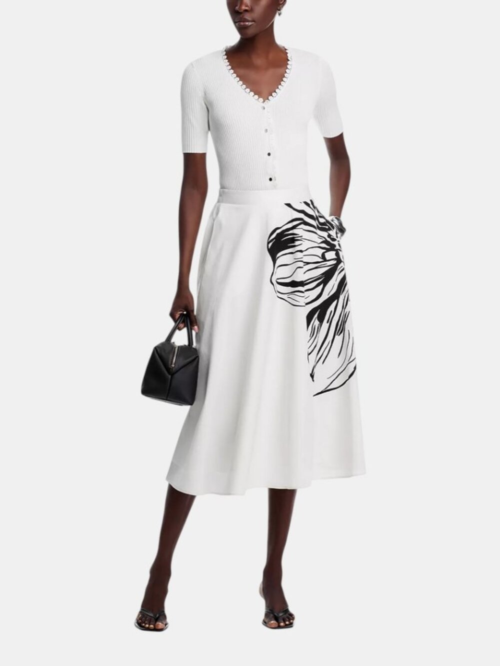T TAHARI FLORAL PRINTED FULL MIDI SKIRT WHITE BLACK NWOT SIZE 8